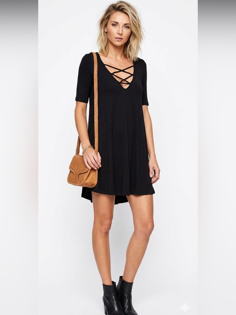 Joah Brown Revolve Wildcat Black Criss Cross Knit Mini Dress